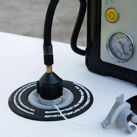 Inflatable Boat And Stand Up Paddle Board Pump Adapter For Schrader Valve No Fuss Universal Connector attached to pump
