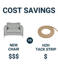 Cost savings image comparing a new chair to Straight Up Solid Upholstery Tack Strip 1/2 Inch X 10 Yard Roll for upholstery.