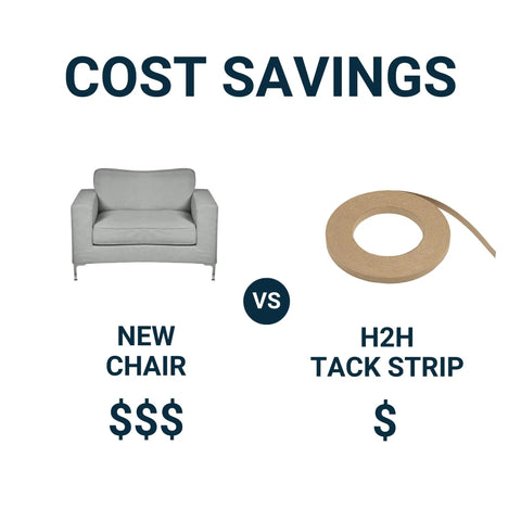 Cost savings image comparing a new chair to Straight Up Solid Upholstery Tack Strip 1/2 Inch X 10 Yard Roll for upholstery.