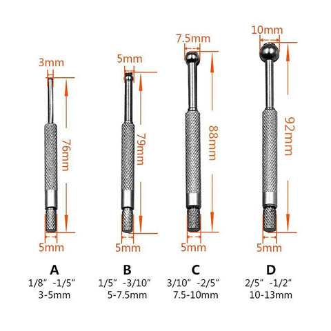 Four Piece Dial Bore Gauge Set For Measuring Small Holes 3-13mm, showing telescoping design with size markings and measurements