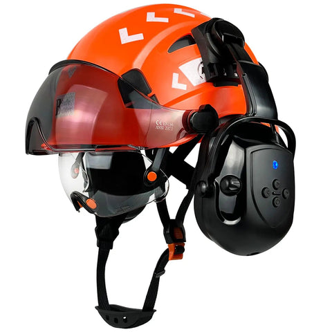 Orange Safety Helmet With Visor And Bluetooth Ear Muffs SNR 26dB Hard Hat With Ventilated Shell And Clear Plus Tinted Visors ANSI Z89.1