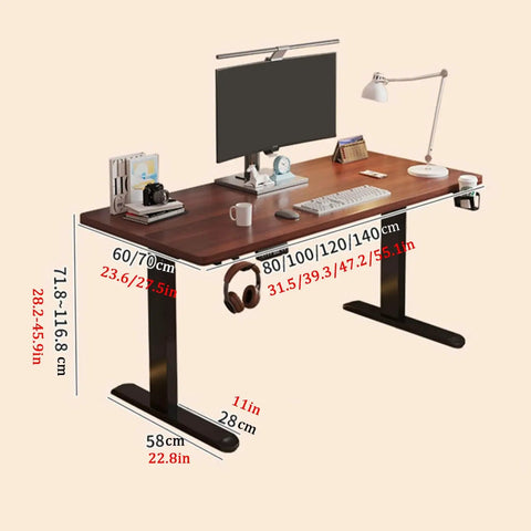 Electric Height Adjustable Standing Desk dimensions with memory presets, built-in headphone hook, heavy steel frame.