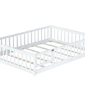 White Full Rubber Wood Floor Bed With Safety Guardrails And Fence Door, Heavy Duty Wobble Free Foundation That Requires No Box Spring