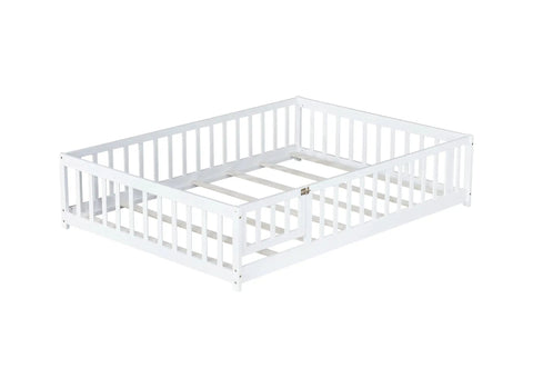 White Full Rubber Wood Floor Bed With Safety Guardrails And Fence Door, Heavy Duty Wobble Free Foundation That Requires No Box Spring