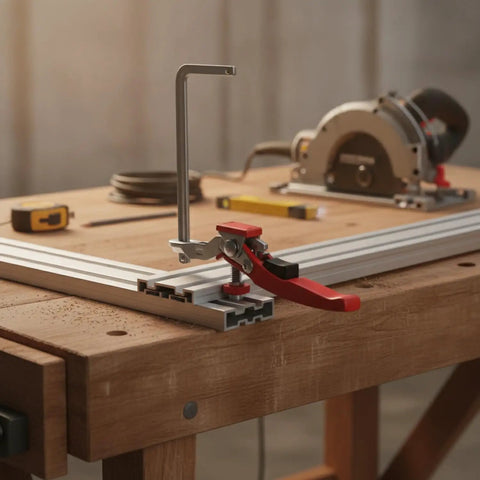 Quick-Action Ratchet Track Clamp for Guide Rails securing aluminum rails on workbench, chrome vanadium steel, tool in background
