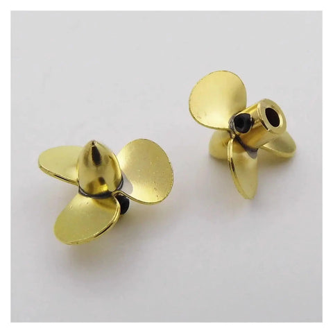 Copper 3 Blade Propeller Set For 2mm Shaft RC Boats And Submarines Includes 12mm 14mm 16mm And 23mm Sizes Left And Right Hand Rotation Soldered Blades For Strong Performance In Scale Marine Models showing soldered copper blades.