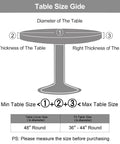 Size guide for round tables, showing diameter and thickness for Round Fitted Tablecloth With Elastic Edge No Slip Snug Fit Waterproof Oil Proof Vinyl Backed Table Cover For 36 To 44 Inch Round Tables Perfect For Dinner Outdoor Picnic Flowers.