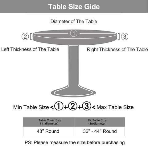 Size guide for round tables, showing diameter and thickness for Round Fitted Tablecloth With Elastic Edge No Slip Snug Fit Waterproof Oil Proof Vinyl Backed Table Cover For 36 To 44 Inch Round Tables Perfect For Dinner Outdoor Picnic Flowers.