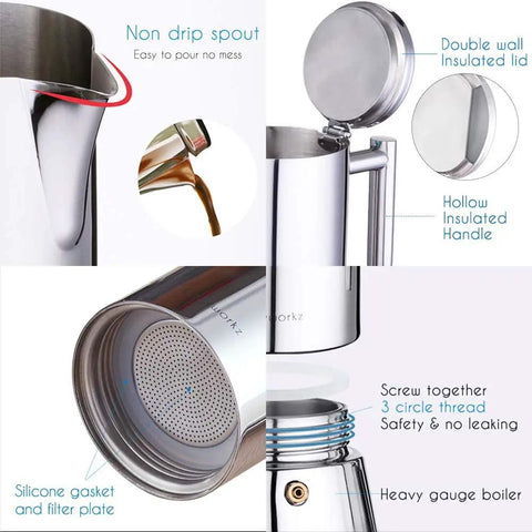 Close-up of Heavy Gauge Stainless Steel Stovetop Espresso Maker And Legit Italian Moka Pot For 4 Cups showing non-drip spout and insulated lid.