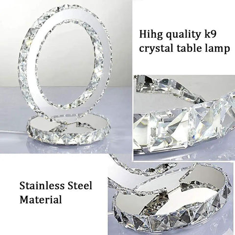 Ferris Wheel Shaped Crystal Table Lamp With LED White Light Sleek Dope Glow Durable K9 Crystal And Stainless Steel Portable Bedside Nightstand Desk Lamp "Hihg quality k9 crystal" and "Stainless Steel Material" details visible