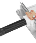 Close-up of Heavy Duty Aluminum Router Lift Kit With Swivel Table Insert Plate for Precision Woodworking, showing hose attachment.