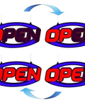 Extra Large 32 By 16 Open Sign With Ultra Bright Red And Blue LEDs Jumbo Neon Style Display Remote Controlled Day Or Night Visibility Static Five Speed Flash And Scroll Modes, shown in different angles.