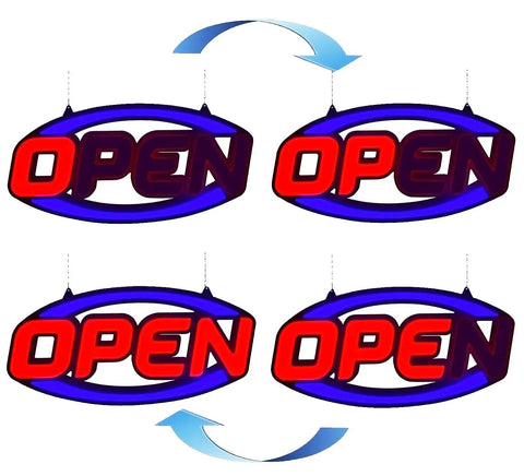 Extra Large 32 By 16 Open Sign With Ultra Bright Red And Blue LEDs Jumbo Neon Style Display Remote Controlled Day Or Night Visibility Static Five Speed Flash And Scroll Modes, shown in different angles.