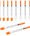 Disposable U-100 1 Ml Syringes, 31G 5/16 In 8 mm Length, Thin-Walled, Leak-Proof Design, Individually Wrapped Lab Supplies, Pack Of 100 For Clean Use, Easy Dosing, Accurate Readouts, No-Fuss Medical And Lab Work. shown in assorted angles