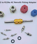 R12 To R134A AC Retrofit Fitting Adapter Kit with SAE/UNF ports, blue low and red high couplers, and tools for conversion.