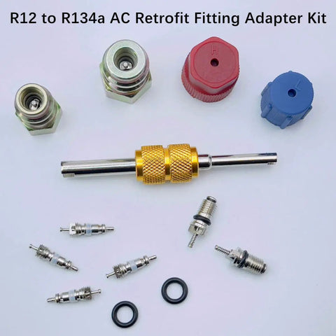 R12 To R134A AC Retrofit Fitting Adapter Kit with SAE/UNF ports, blue low and red high couplers, and tools for conversion.