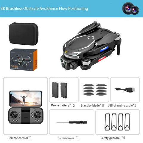 Folded 8K Aerial Drone With 3 Cameras Brushless Power Intelligent Obstacle Avoidance and accessories, compact design.