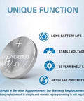 CR2430 battery with features including long battery life, stable voltage, 10-year shelf life, and anti-leak protection