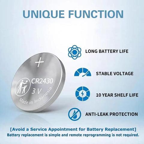 CR2430 battery with features including long battery life, stable voltage, 10-year shelf life, and anti-leak protection