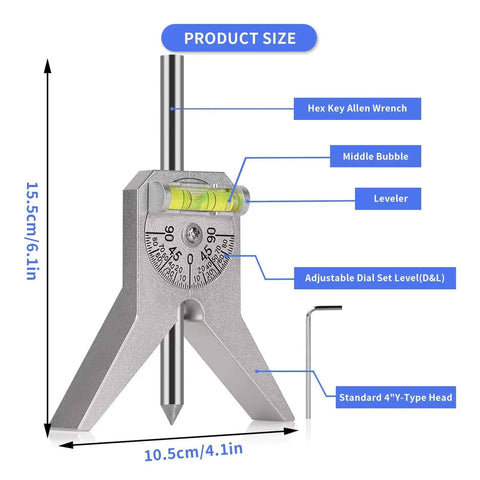 Front view of pipe center finder and marker tool with 4in Y-type base, adjustable dial level, bubble level, and hex key.