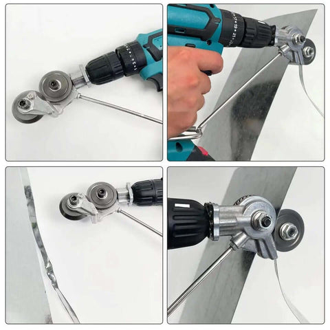 Drill Metal Plate Cutter Attachment for Electric Drill cutting metal sheet 0.2-1.2mm, shown attached to blue drill for quick metalwork