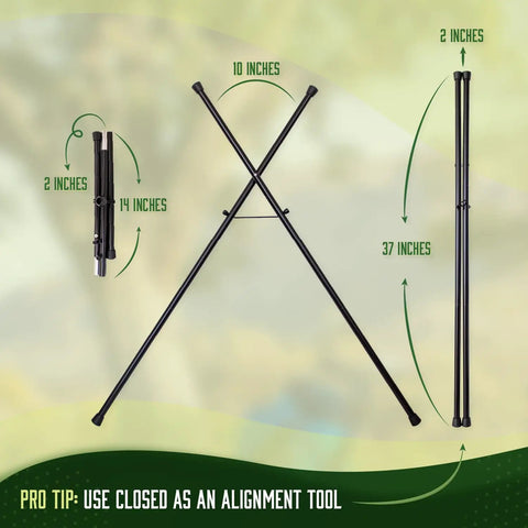 Workhorse Aluminum Golf Bag Stand Attachment With Slick Folding Legs, dimensions shown: 14" closed, 37" extended, 10" cross width, black.
