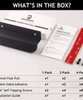 1 Pack Under Cabinet Foot Pull Opener 4 Inch Matte Black Hands Free Toe Pull with Adhesive and Screws, box contents display.