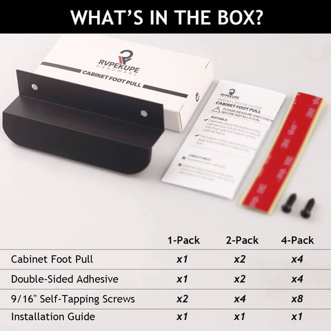 1 Pack Under Cabinet Foot Pull Opener 4 Inch Matte Black Hands Free Toe Pull with Adhesive and Screws, box contents display.
