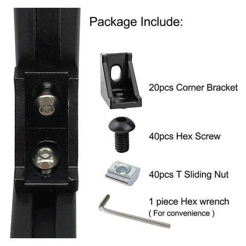 Aluminum Profile Connector Kit for 6mm Slot Profiles, 20 Corner Brackets, 40 T Nuts and Hex Socket Screws Bolts, DIY Framing Parts