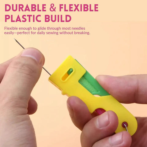 Person using a Senior Friendly Automatic Needle Threader Set for Sewing Machines, Lightweight Plastic Auto Threader Tool, showing one touch threading.