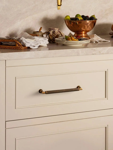 Premium Vintage Antique Brass Cabinet Pulls 10 Pack With Badass Knurled Grip, installed on cabinet drawer in kitchen.