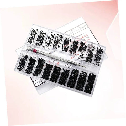 Slick Little Miniature Screw Set Featuring Countersunk Round Head Fasteners And Precision Eyeglass Repair Bits in clear case