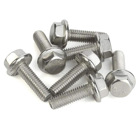 Durable Stainless Steel A2 70 M6 Flanged Hex Head Bolts DIN 6921, 10mm length, shown in a pile