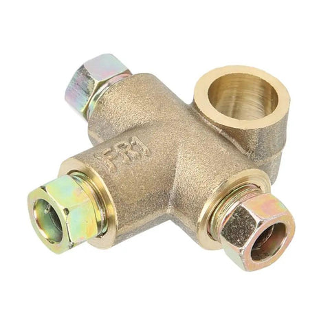 Heavy Duty Three Way T Shape Brake Line Tee Brass Union With Three Male Nuts Fits Three Sixteen Inch Pipe M10 Threading close-up view