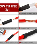 Instructions for using Heavy Duty 3 To 1 Ratio Heat Shrink Tubing 2.5 Inch Black Roll for automotive wiring and home repair.