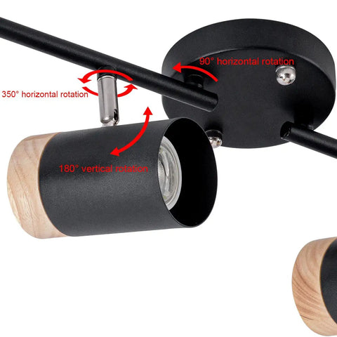 Black Track Lighting With Natural Wood Accent Four Adjustable GU10 Heads 365 Degree Horizontal Rotation And 90 Degree Vertical Tilt For Living Room And Kitchen Ambiance Vibe