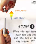 Instruction step for using Egg Topper Opener Tool With Vibration Cut For Soft Boiled Eggs, showing adjustable power mechanism.