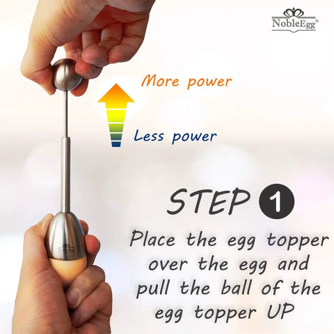 Instruction step for using Egg Topper Opener Tool With Vibration Cut For Soft Boiled Eggs, showing adjustable power mechanism.