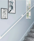 White Wrought Iron Stair Handrail With Heavy Duty Rust Proof Mounting Brackets For Indoor Outdoor Mobility Safety Grab Bar installed on stairs.