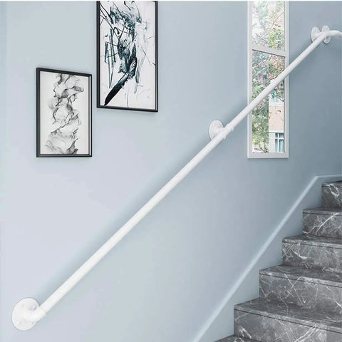 White Wrought Iron Stair Handrail With Heavy Duty Rust Proof Mounting Brackets For Indoor Outdoor Mobility Safety Grab Bar installed on stairs.