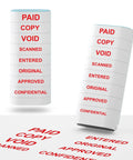 Solid Workhorse Eight In One Self Inking Office Stamp Set For Paid Copy Void Scanned Entered Original Approved Confidential Documents with red ink.