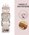 Ultra Large Toiletry Organizer Bag with hook and 4 zip compartments hanging on a hook, showing storage for toiletries.