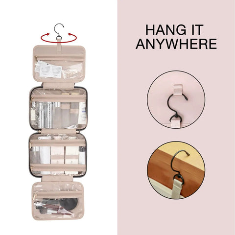 Ultra Large Toiletry Organizer Bag with hook and 4 zip compartments hanging on a hook, showing storage for toiletries.
