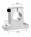 Front view of 35mm Aluminum Linear Motion Rail Clamp and Rail Guide Support for 35mm Diameter Shaft with dimensions displayed.
