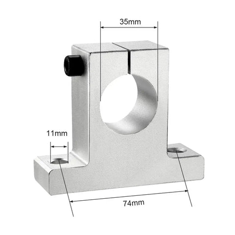 Front view of 35mm Aluminum Linear Motion Rail Clamp and Rail Guide Support for 35mm Diameter Shaft with dimensions displayed.