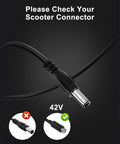 42V Replacement Charger for Electric Scooters 100 to 240V AC Input cable connector close-up with compatibility reminder