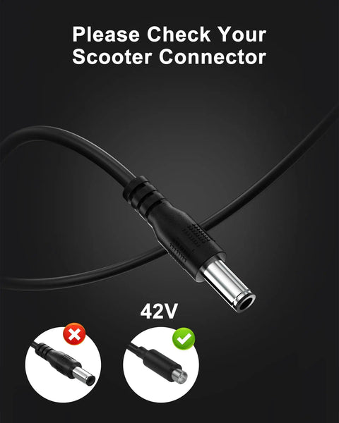 42V Replacement Charger for Electric Scooters 100 to 240V AC Input cable connector close-up with compatibility reminder