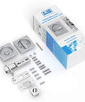 Boss Square Pocket Door Lock With Edge Pull And Flush Pull Sturdy Privacy Bifold And Cavity Sliding Door Hardware With Latch Zinc Alloy Fingermark Proof Finish In Satin Chrome Replacement Door Lock Kit For Hidden Pocket Doors, showing lock components and packaging.