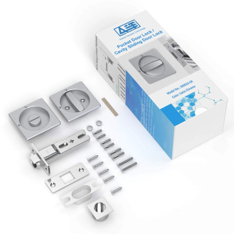 Boss Square Pocket Door Lock With Edge Pull And Flush Pull Sturdy Privacy Bifold And Cavity Sliding Door Hardware With Latch Zinc Alloy Fingermark Proof Finish In Satin Chrome Replacement Door Lock Kit For Hidden Pocket Doors, showing lock components and packaging.