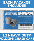Gray 7/8 Inch Folding Chair Leg Caps 12 Pack Built Tough Heavy Duty Nylon Non Marring Floor Protectors For Metal And Padded Folding Chairs 1 1/4 Inch Tall 1 Inch Outer Diameter package.